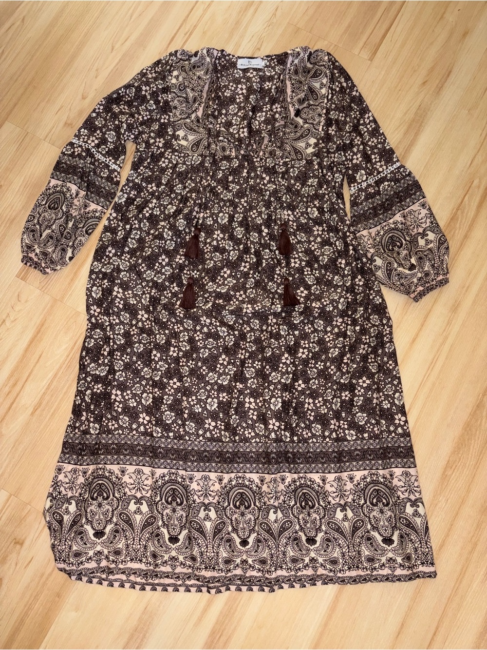 The Fox & The Mermaid- Boho Floral Paisley Midi Dress in Brown and Cream